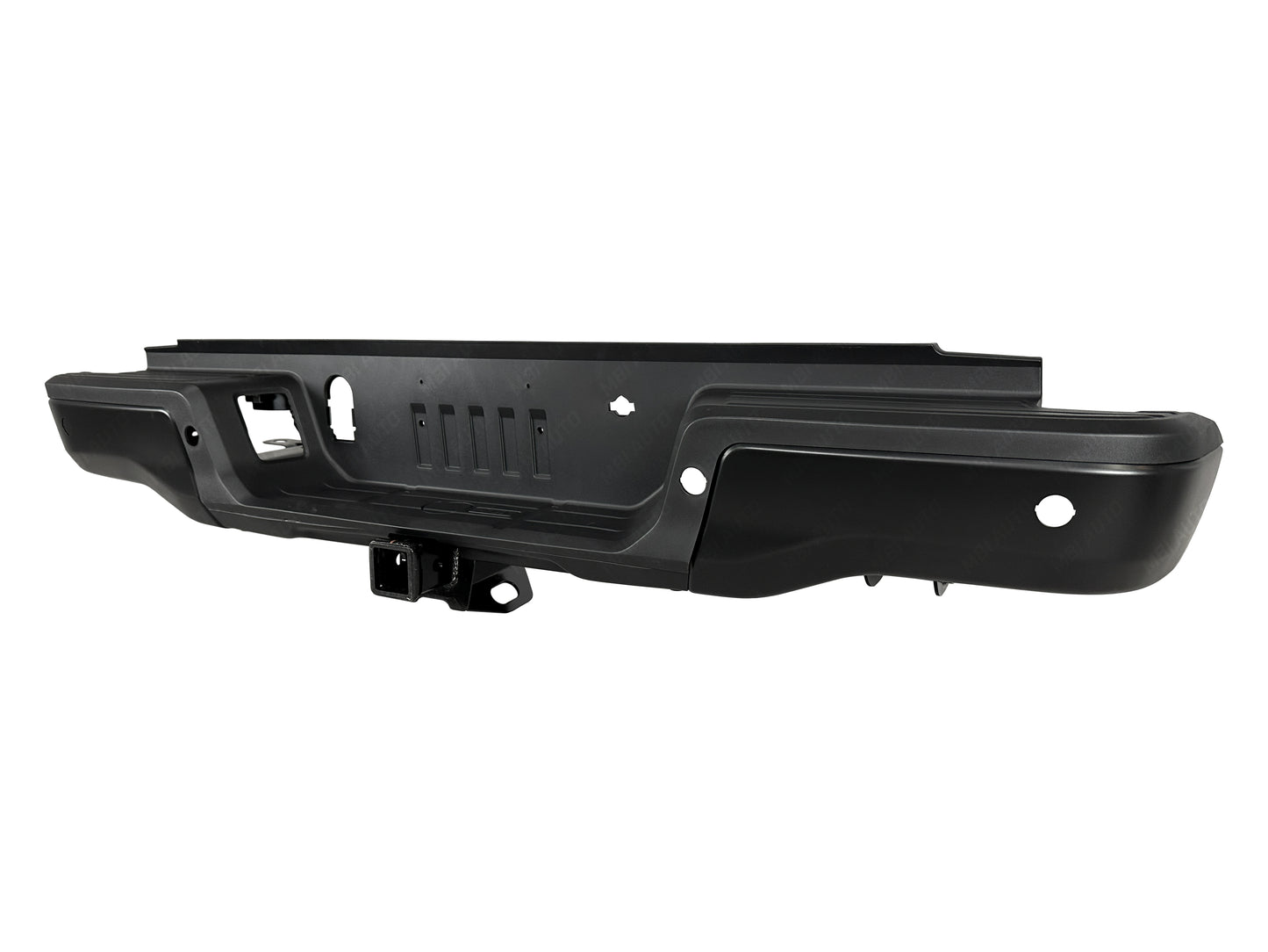 Close-up of painted Ford Ranger rear bumper assembly replacement with park assist
