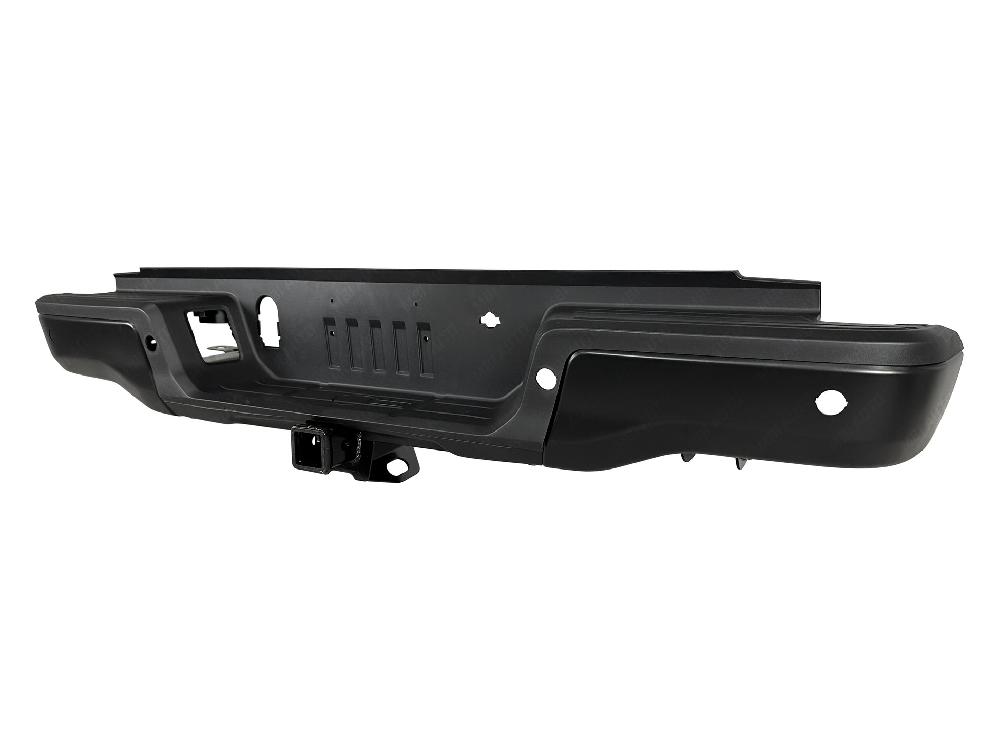Close-up of painted Ford Ranger rear bumper assembly replacement with park assist