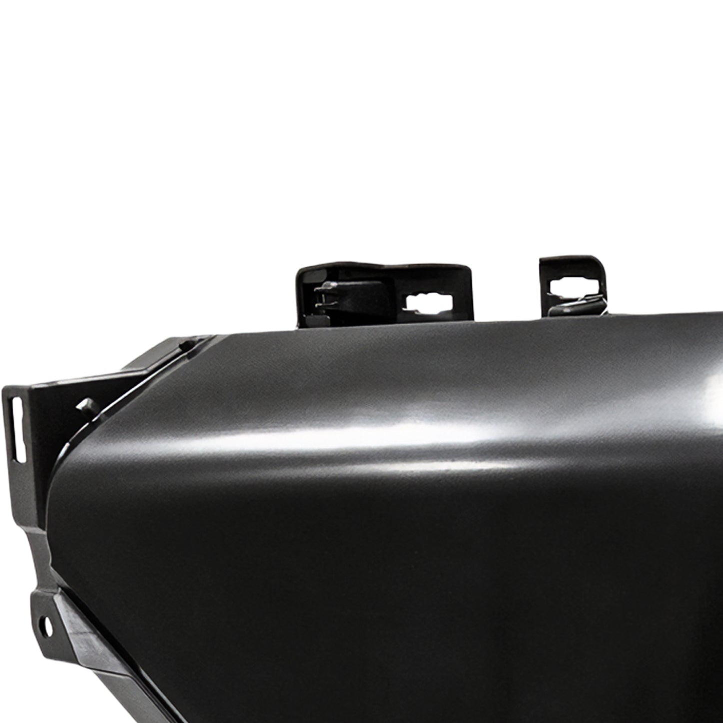 Close-up of painted Toyota 4Runner driver-side bumper end replacement with sensor holes