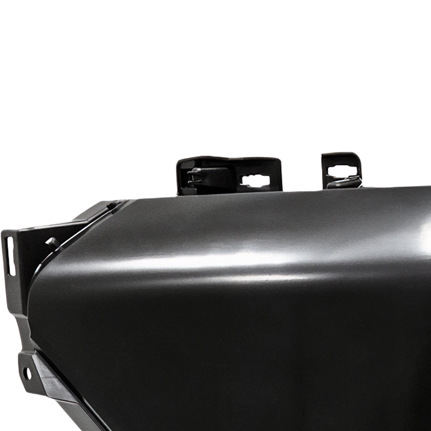 Close-up of painted Toyota 4Runner driver-side bumper end replacement with sensor holes